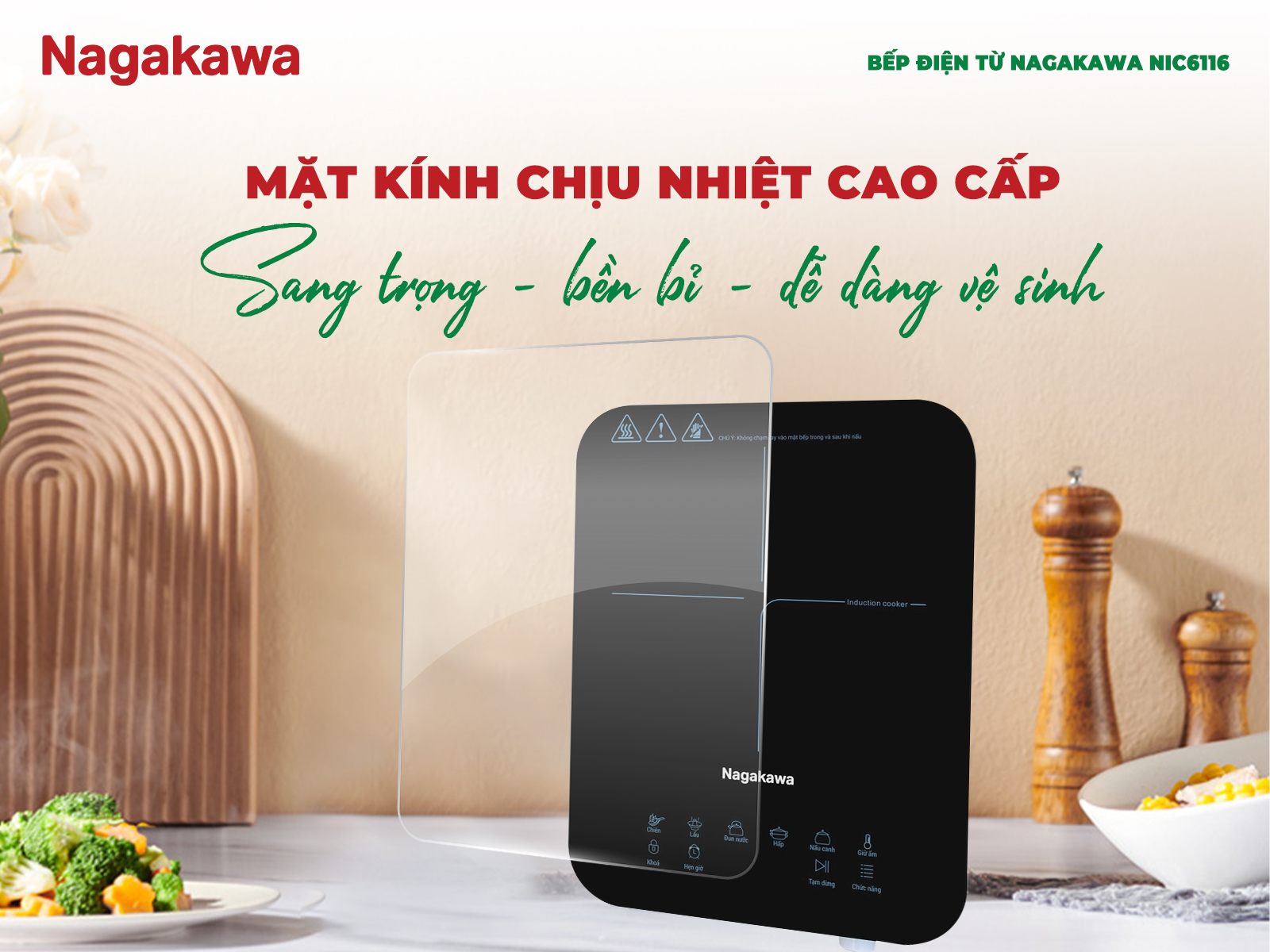 Bếp điện từ đơn Nagakawa NIC6116 2000W tặng kèm nồi inox, bảo hành 12 tháng, hàng chính hãng