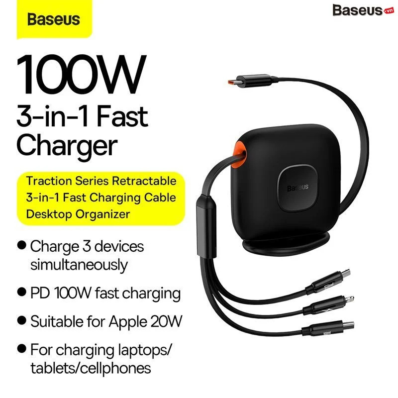 Cáp Sạc Đa Năng Baseus Traction Series Retractable 3-in-1 Fast Charging - HÀNG CHÍNH HÃNG