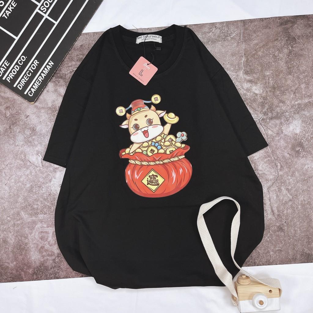 ÁO THUN TAY NGẮN TRÂU TẾT 2021 ÔM TÚI TIỀN NAM NỮ SIZE M L XL