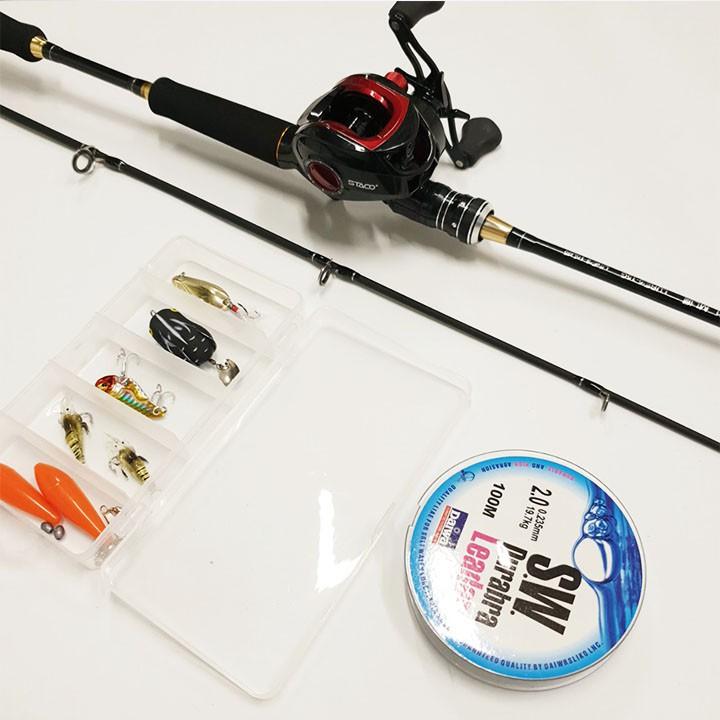 Bộ cần câu lure máy ngang ROM GOOD 1m8 - 2m1 - 2m4, Máy ngang Staco tặng dây câu lure và hộp mồi