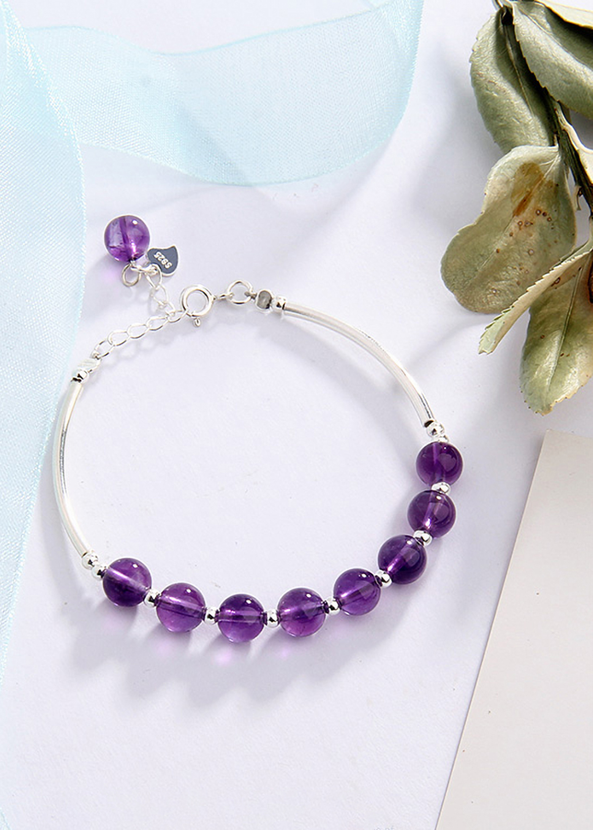 Vòng tay đá thạch anh tím phối charm ống bạc mệnh hỏa, thổ - Ngọc Quý Gemstones
