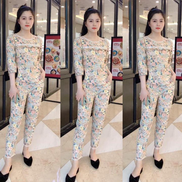 Quần áo mặc nhà, Đồ bộ sau sinh hoa chất kate hàn hoa lá đẹp