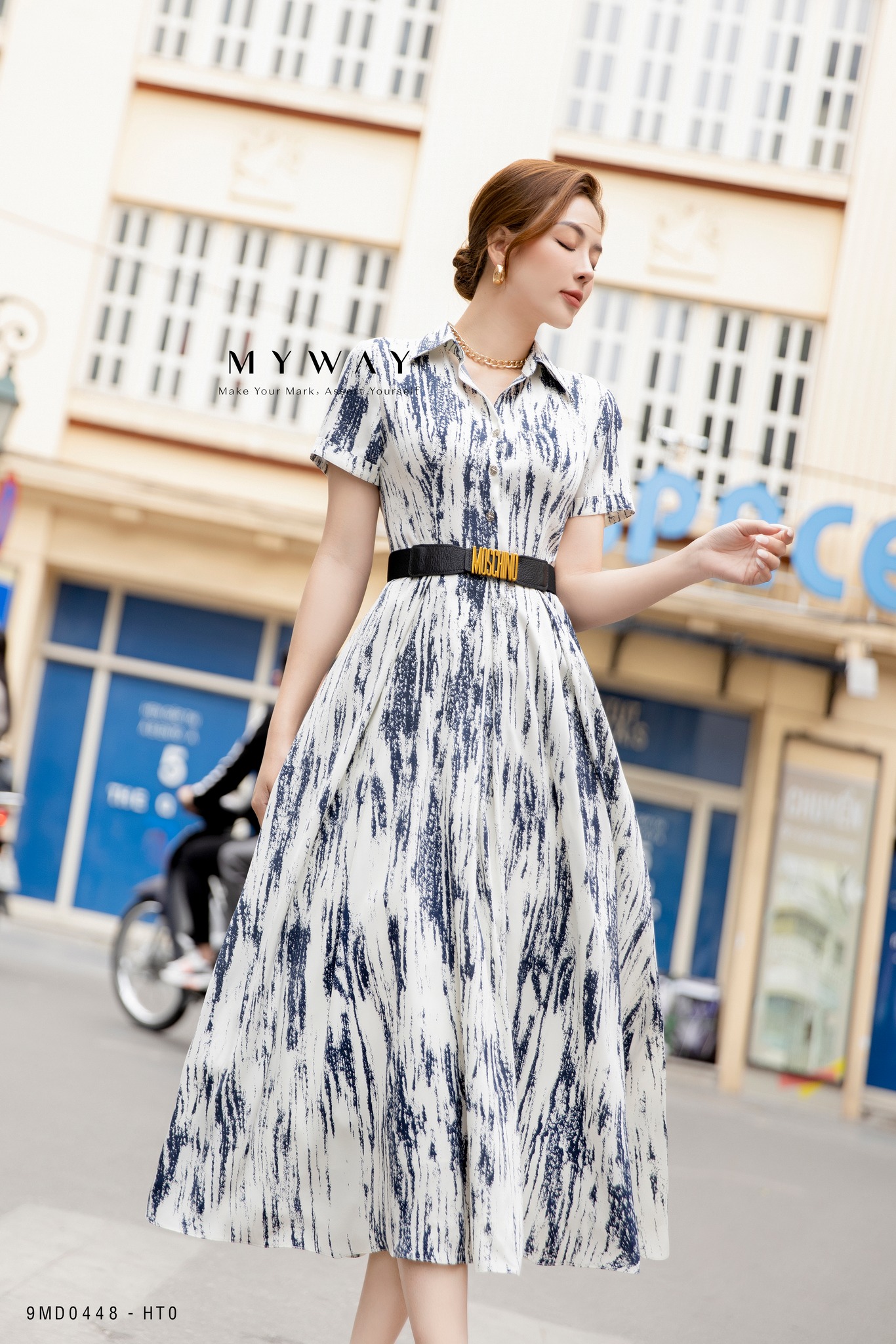 Đầm Sơ Mi Công Sở Nữ My Way Ngắn Tay Dáng A Họa Tiết Cao Cấp 9MD0448