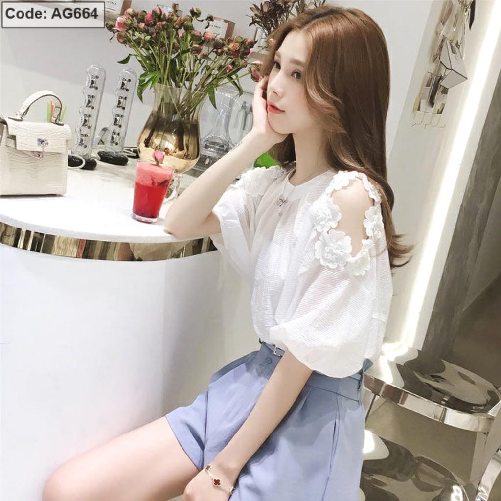 Áo Sơ Mi Nữ Vải Voan Hoa Nổi Trễ Vai AG664135