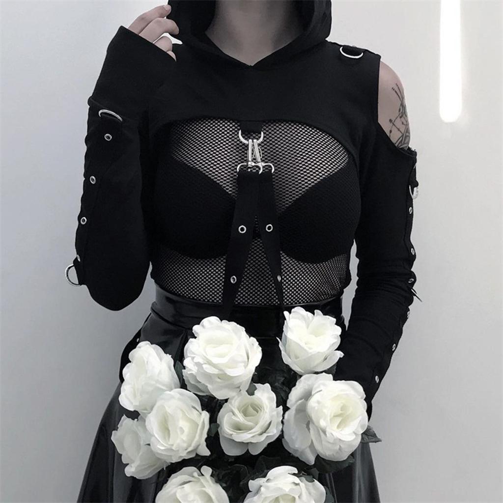 Gothic Womens  Hoodies  Metal Crop Tops Pullover Sweatshirts  S