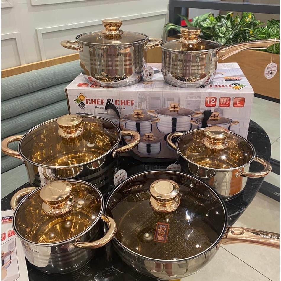 BỘ NỒI 6 MÓN 12 CHI TIẾT VUNG KÍNH CHEF&CHEF CÔNG NGHỆ ĐỨC