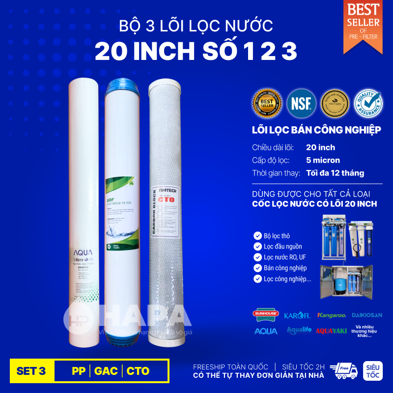 Bộ 3 Lõi Lọc Nước 20 inch Số 123 PP OCB GAC UDF CTO Bán Công Nghiệp Karofi Kangaroo Aqua Mutosi