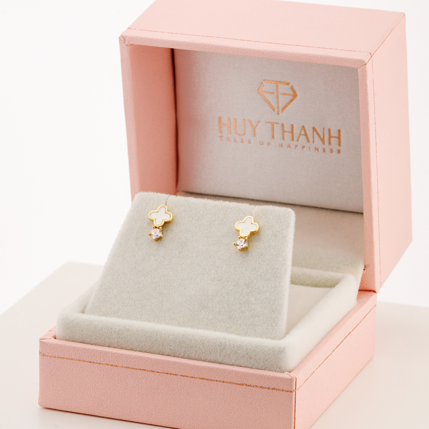 Bông Tai Nữ Hoạ Tiết Cỏ Bốn Lá May Mắn Đá Rơi Vàng 14K BTAM129 Huy Thanh Jewelry