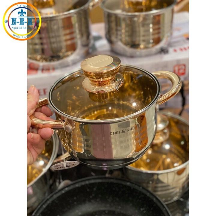 BỘ NỒI VÀ CHẢO 6 MÓN VUNG KÍNH CHEF&CHEF , 12 CHI TIẾT CÓ VUNG KÍNH