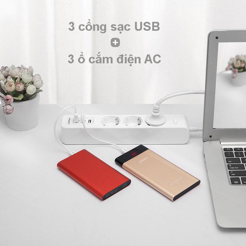 Ổ Cắm Điện Thông Minh 3 Ổ Cắm AC - Pisen 303-EP - Màu Đen