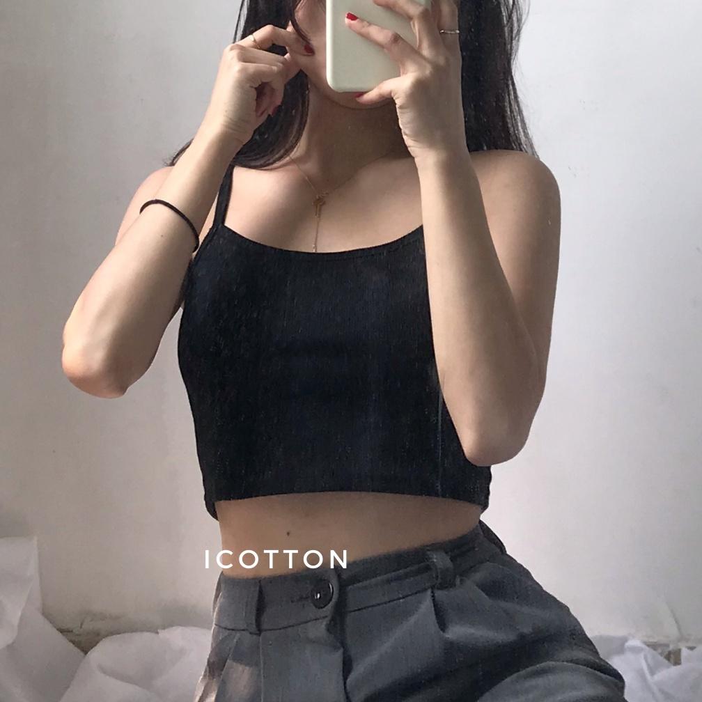 Áo 2 dây croptop nữ ️iCotton️ Áo 2 dây nữ dáng ngắn 100% cotton trắng đen cao cấp