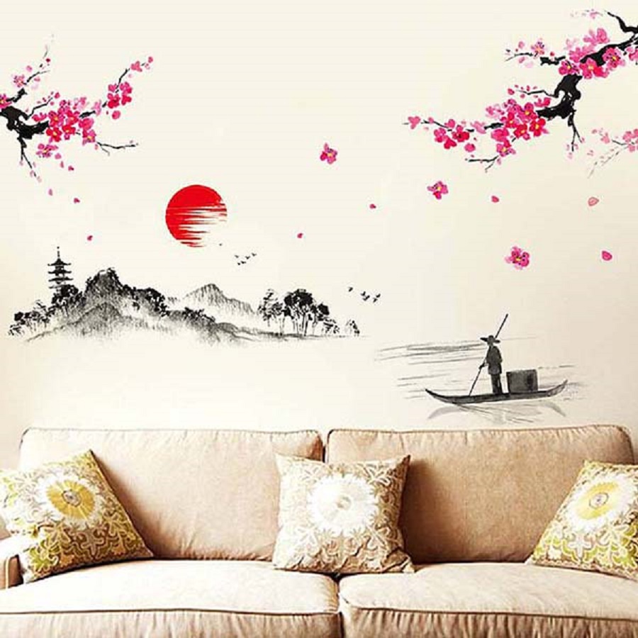 Decal dán tường HCM phòng khách Trang trí tết phong cảnh combo HOA ĐÀO NỞ