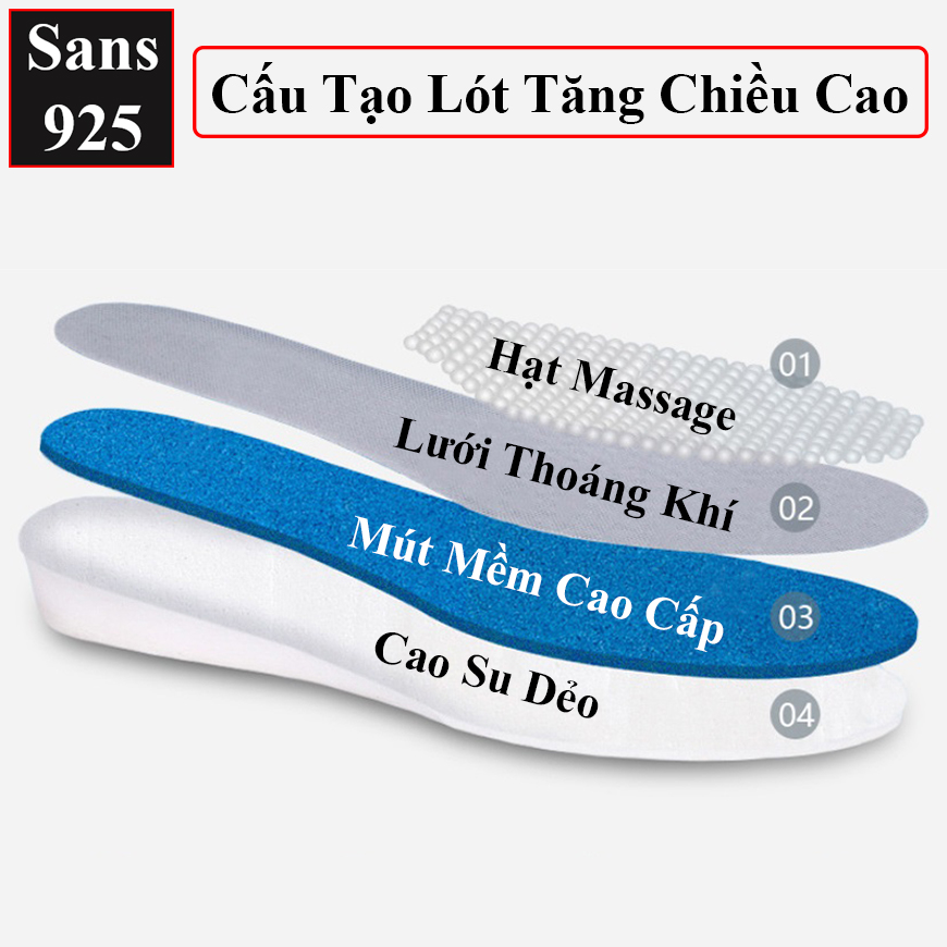 Lót giày tăng chiều cao 3.5cm 2.5cm 1.5cm Sans925 miếng nâng gót độn đế thoáng khí cỡ size 35 36 37 38 39 40 41 42 43