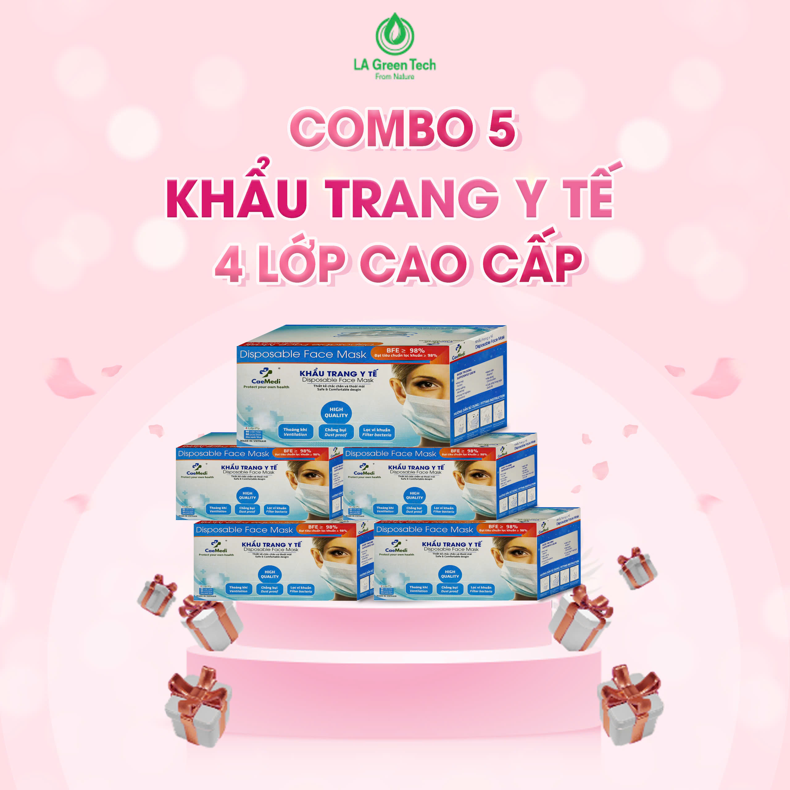 COMBO 5 HỘP Khẩu trang y tế CAEMEDI 4 lớp Xanh cao cấp, kháng khuẩn, lọc bụi bẩn đạt chuẩn BFE, FDA xuất khẩu Châu Âu - Hộp 50 cái