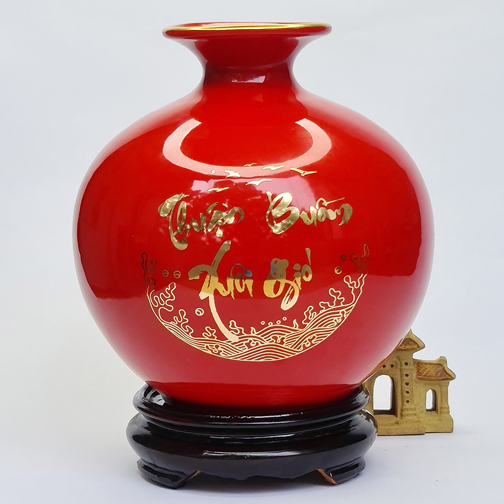 Bình Hút Lộc Gốm Sứ Đỏ Vẽ Vàng - Thuận Buồm Xuôi Gió - S2 - Mx - Đường Kính 20 Cm - Cao 22 Cm