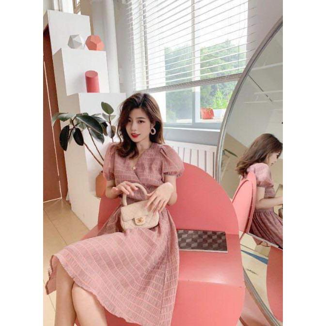 Đầm vải nhún cột nơ sau màu HỒNG & XANH