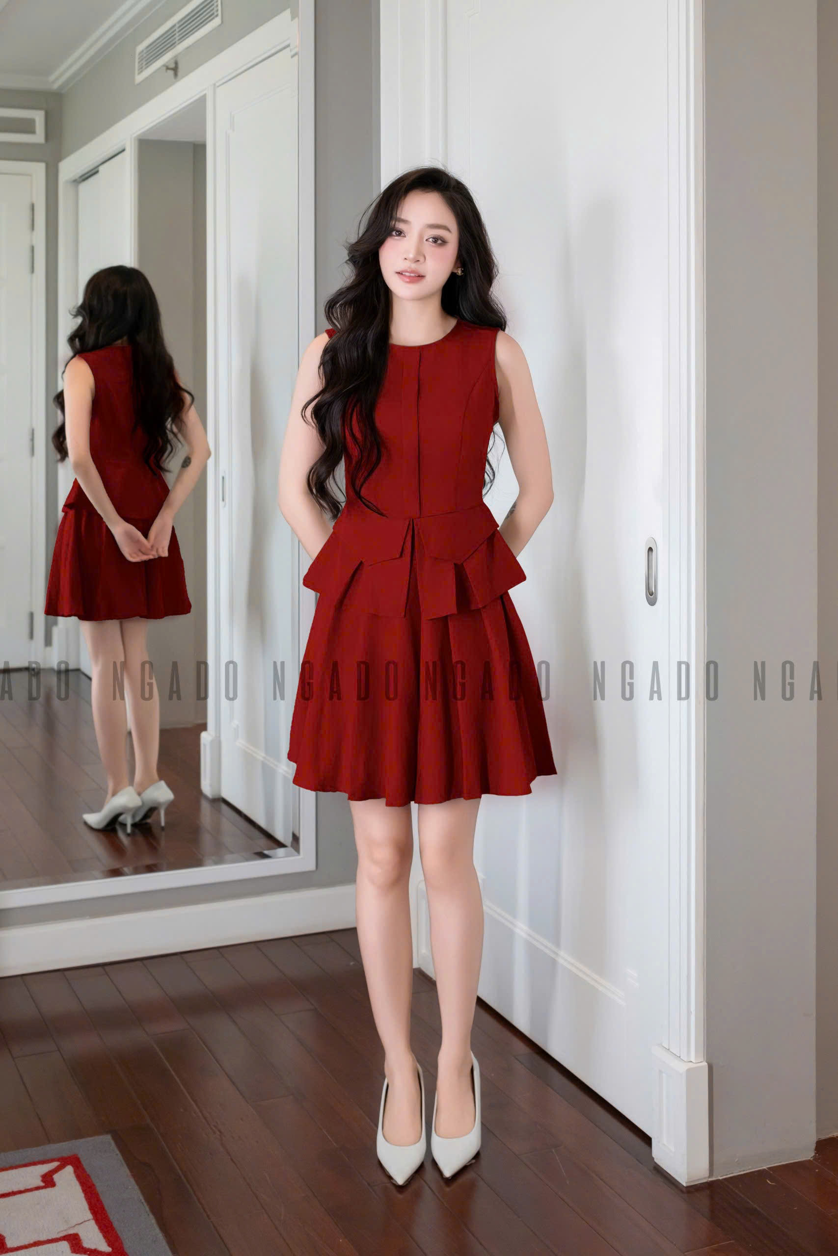 Set áo sát nách chân váy đỏ xếp ly NGADO , set áo váy Nữ , set dự tiệc , set công sở