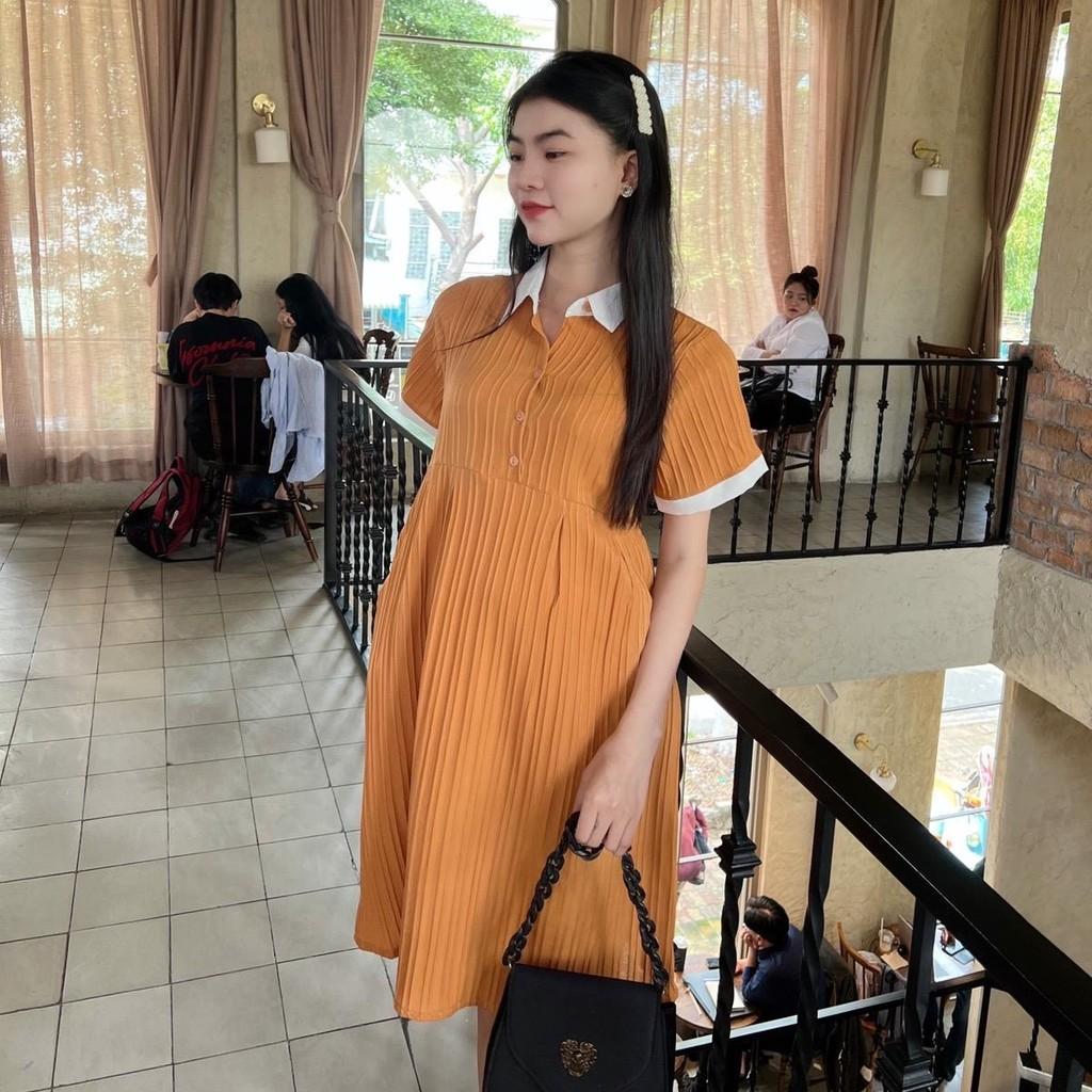 Đầm bầu babydoll đũi gân cổ sơ mi thanh lịch, phối màu bầu diện dễ thương - Đen