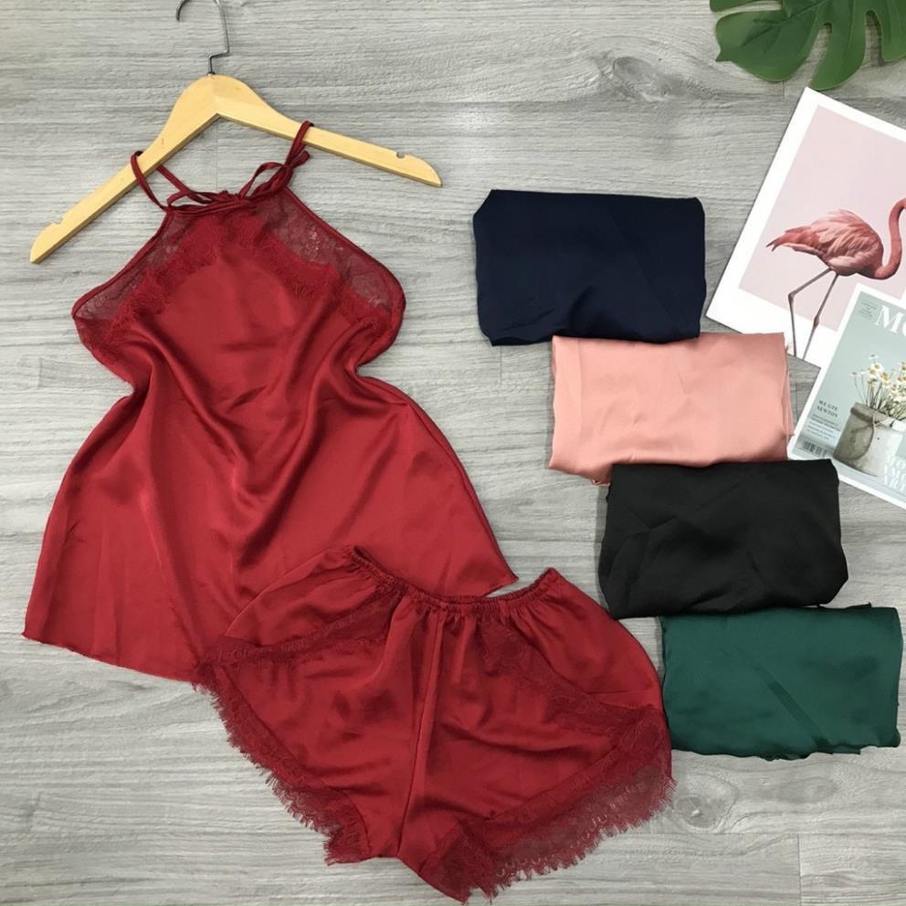 Set bộ đồ ngủ lụa yếm phối ren, đầm ngủ sexy chất liệu lụa satin cao cấp, mềm mịn mát , kèm quần ren siêu cute