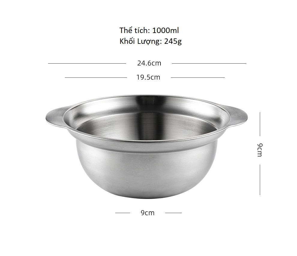 Thố thau inox 304 đựng thực phẩm có vạch chia và tay cầm ăn mì Ramen tiện lợi kích thước 24.6x9cm 1000ml