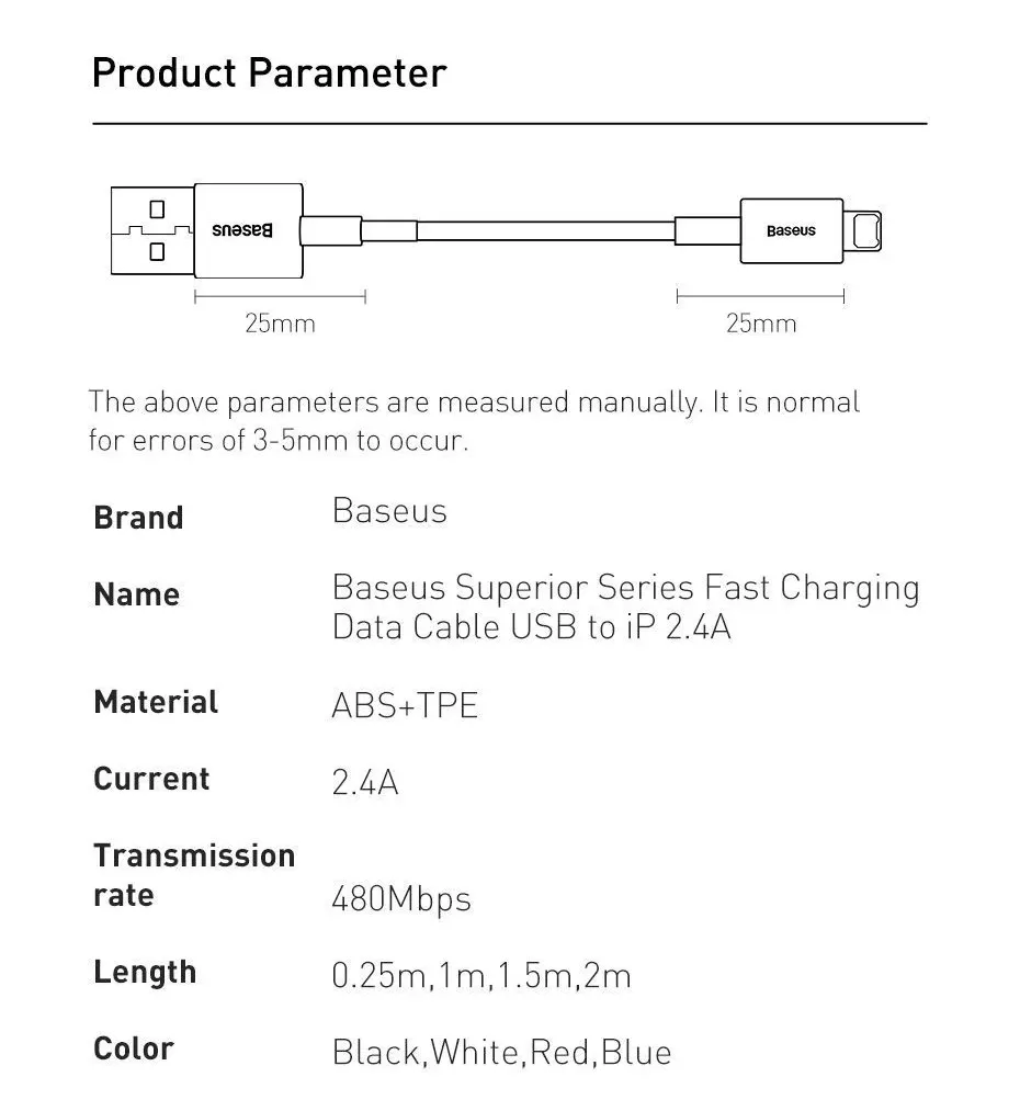 Cáp sạc và truyền dữ liệu dòng 2.4A cho iP Baseus Superior Series Màu ngẫu nhiên _ Hàng chính hãng