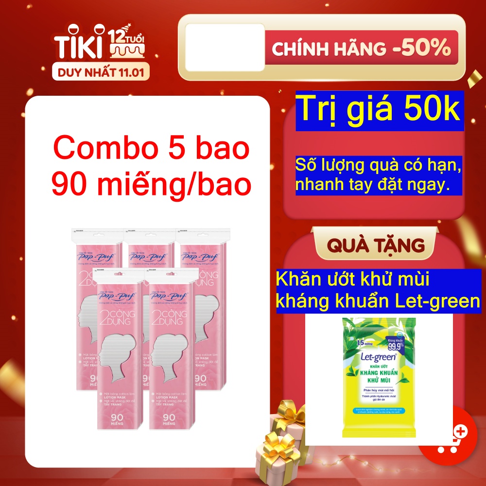 Bộ 5 bao bông tẩy trang Pop-puf 2 công dụng bao Zipper 90 miếng/bao