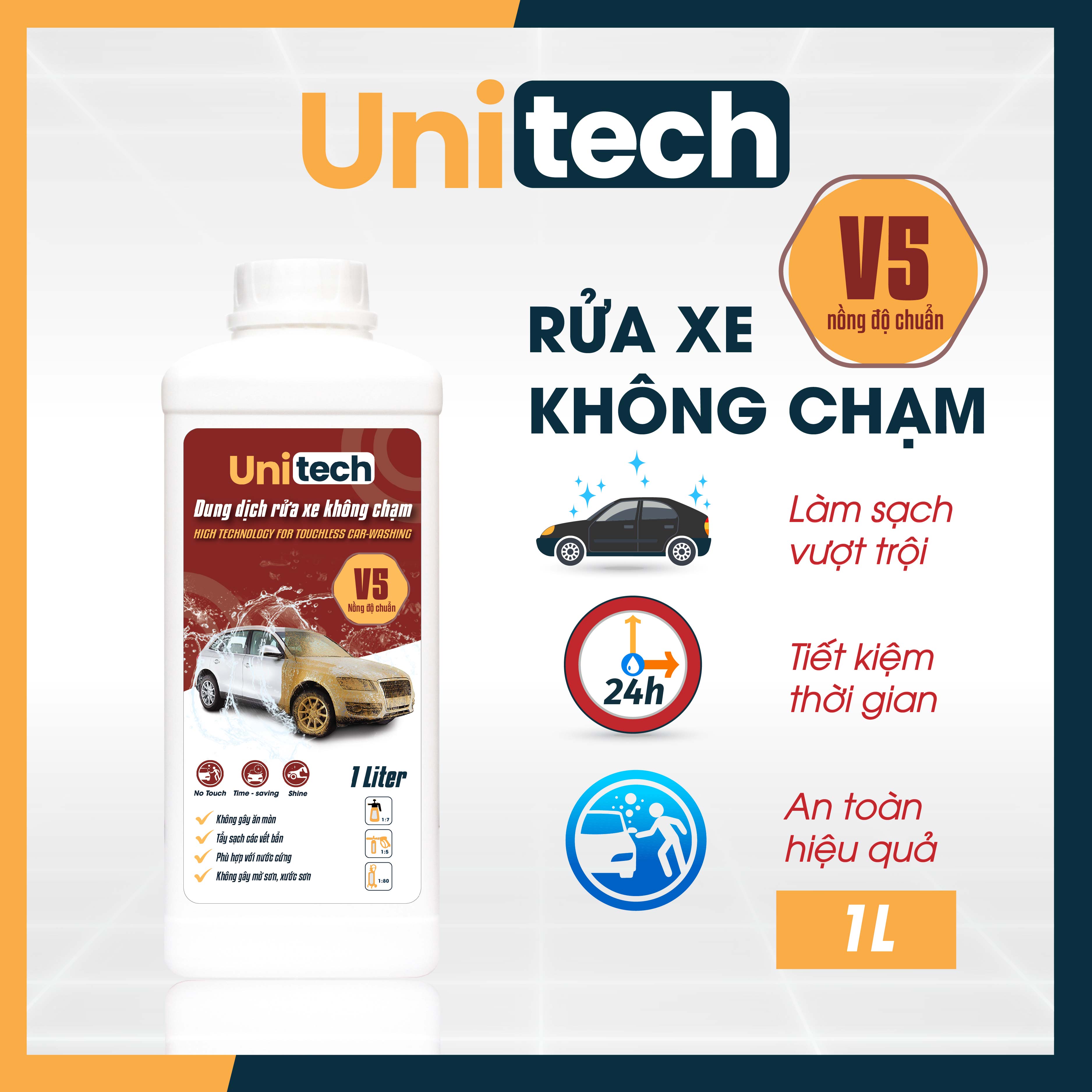 Nước rửa xe không chạm Unitech V5 (1 lít) | Xà phòng rửa xe ô tô, xe máy siêu sạch, bảo vệ màu sơn xe