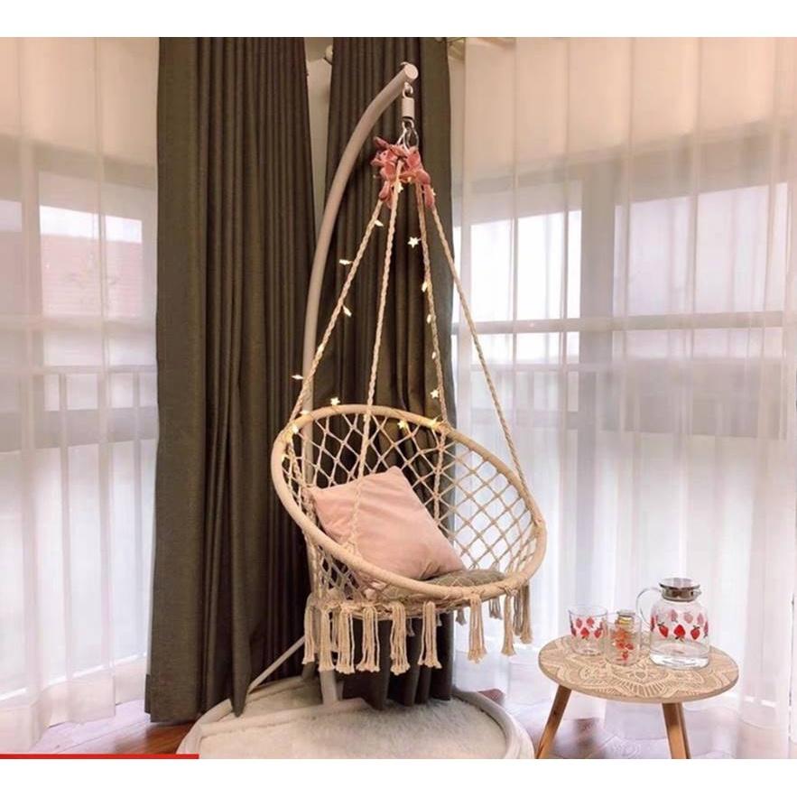 Xich đu Macrame cotton Swing kinh bắc siêu chất mầu Be Có Cần treo đi kèm