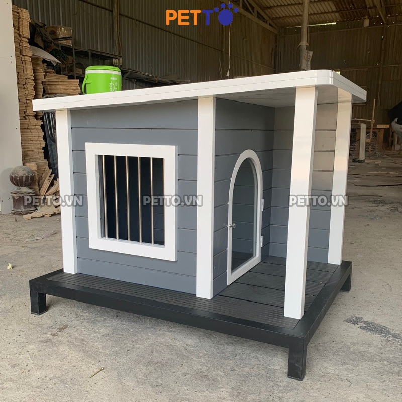 Nhà cho chó PETTO phong cách CHÂU ÂU với NGÓI BITUM, SÀN GỖ NHỰA đặt ở ban công, sân vườn, chuồng chó ngoài trời DH024