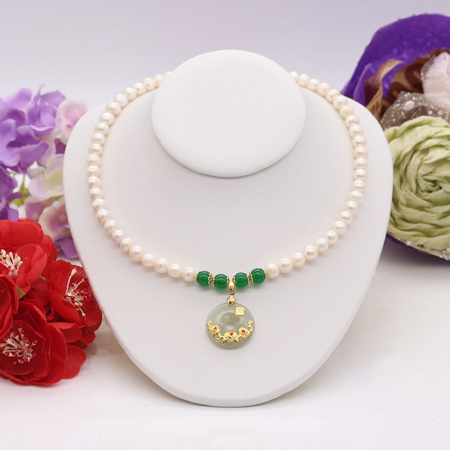 Chuỗi Ngọc Trai Đeo Cổ Đá Mã Não Xanh Phát Tài Lộc - DB1438 - Bảo Ngọc Jewelry