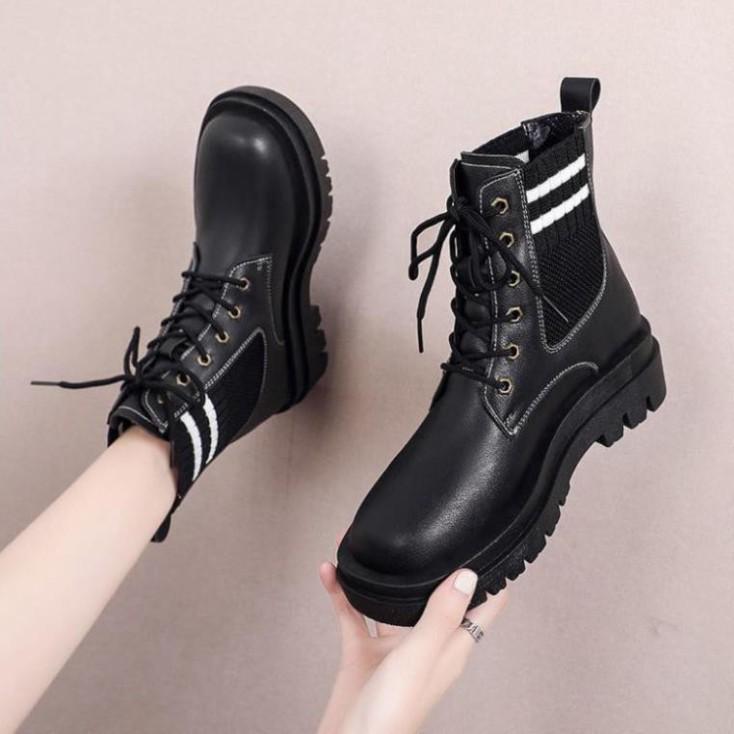 Freeship Giày bốt cổ thấp Martin cho nữ, boots cổ thấp có dây màu đen cổ tròn phối len