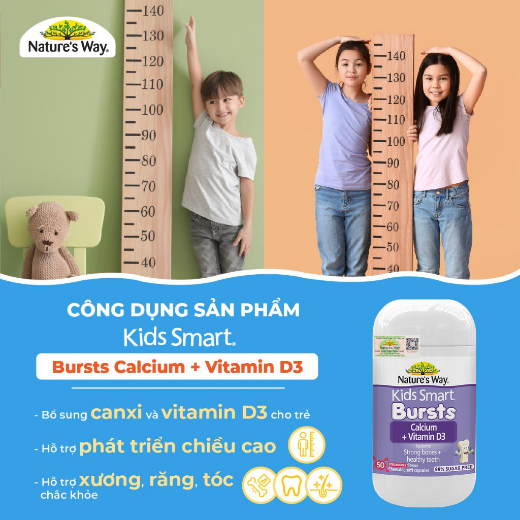 Viên Nhai Bổ Sung Canxi Cho Bé Kids Smart Bursts Calcium + Vitamin D3 Nature's Way (50 viên)