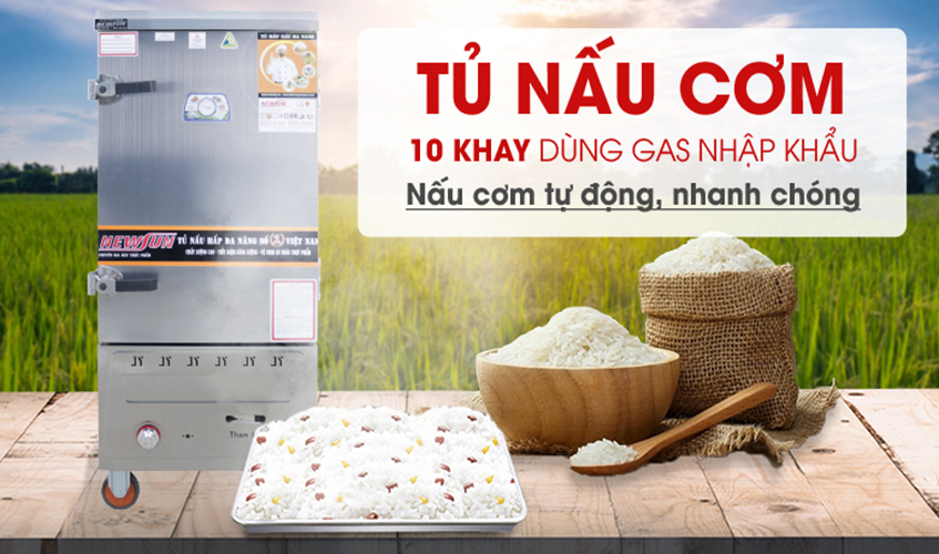 Tủ Nấu Cơm 30 Kg Gạo/ Mẻ Bằng Gas 10 Khay Nhập Khẩu NEWSUN - Hàng Chính Hãng