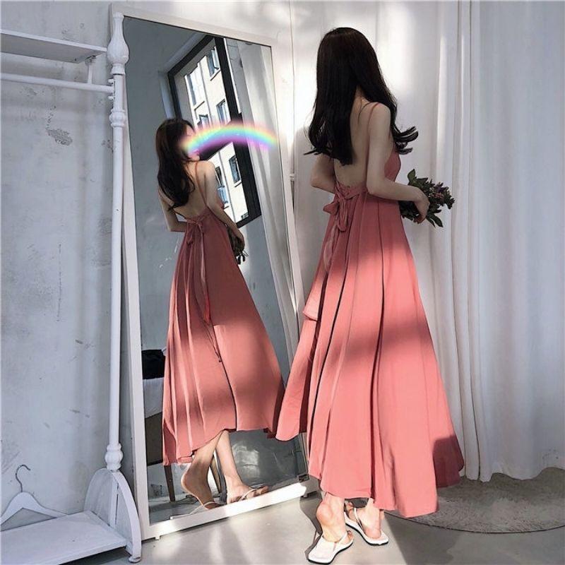 ĐẦM MAXI 2 DÂY PHỐI NƠ SAU LƯNG DIỆU DÀNG
