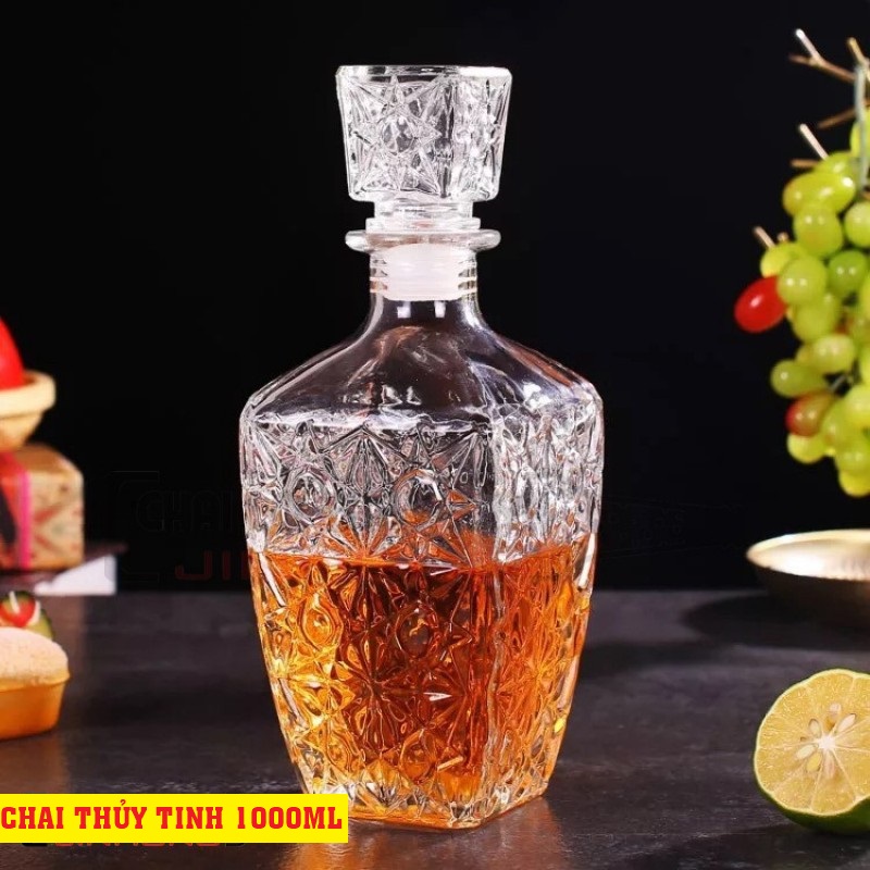 Combo 2 chai Thủy Tinh đựng Rượu Pha Lê VÁT VUÔNG Họa Tiết Nổi 750ML - Bình thủy tinh 750ml pha lê trong suốt