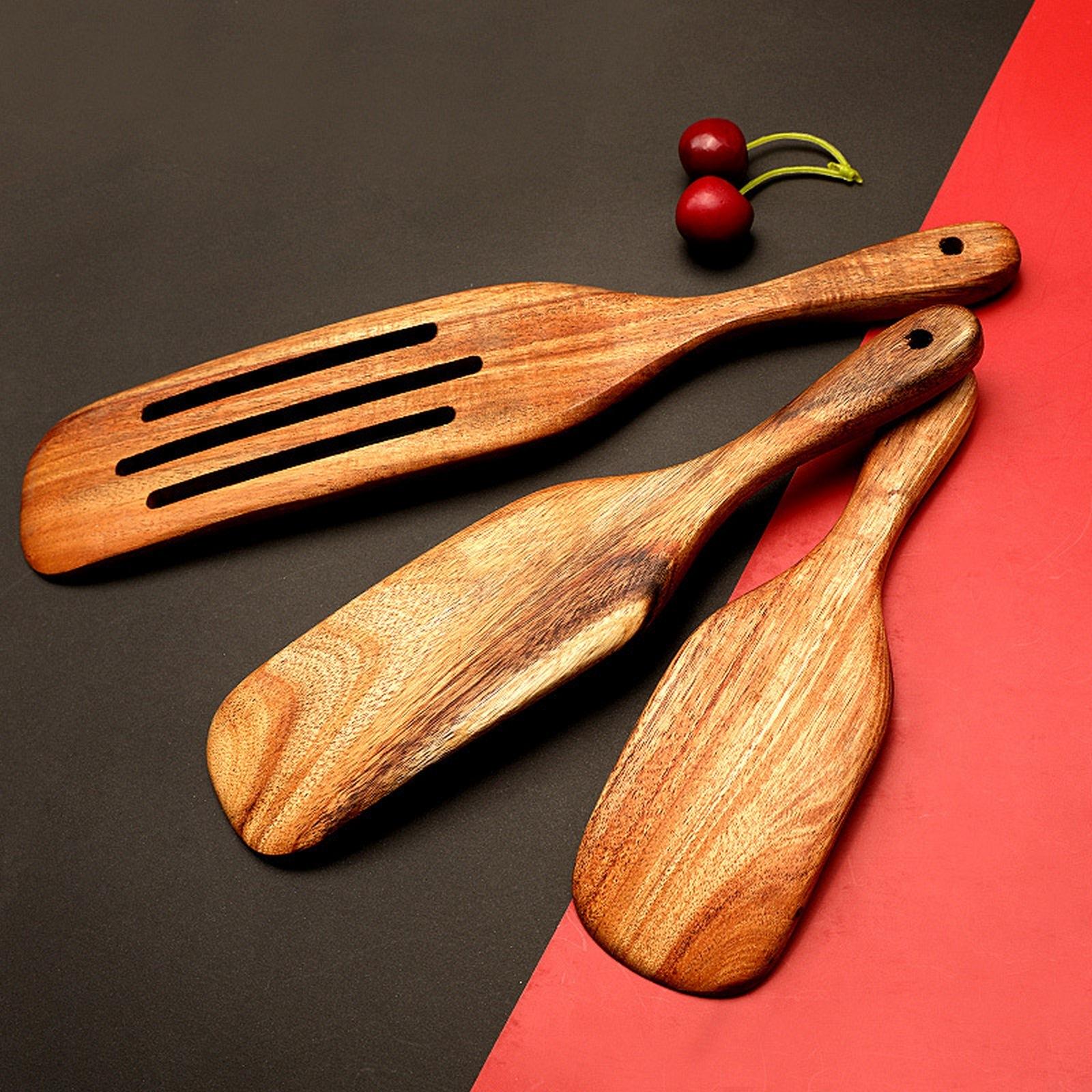 Bộ 5 Không Dính Gỗ Bộ Nồi Có Rãnh Spurtle Thìa Đũa Bếp Khuấy Đồ Dùng Tự Nhiên Gỗ Tếch Chống Dụng Cụ Nấu Ăn