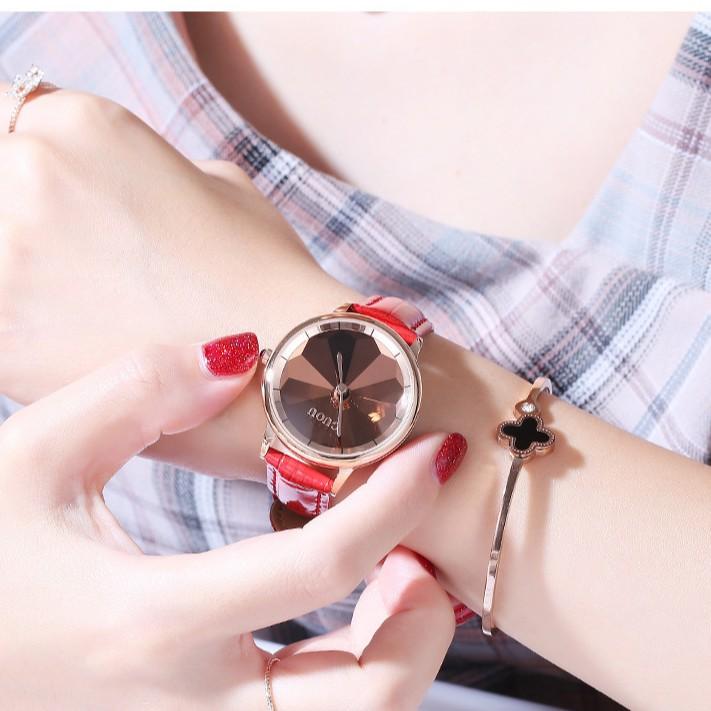 Đồng hồ nữ đeo tay dây da Guou mặt gương chính hãng chống nước tuyệt đối 6034