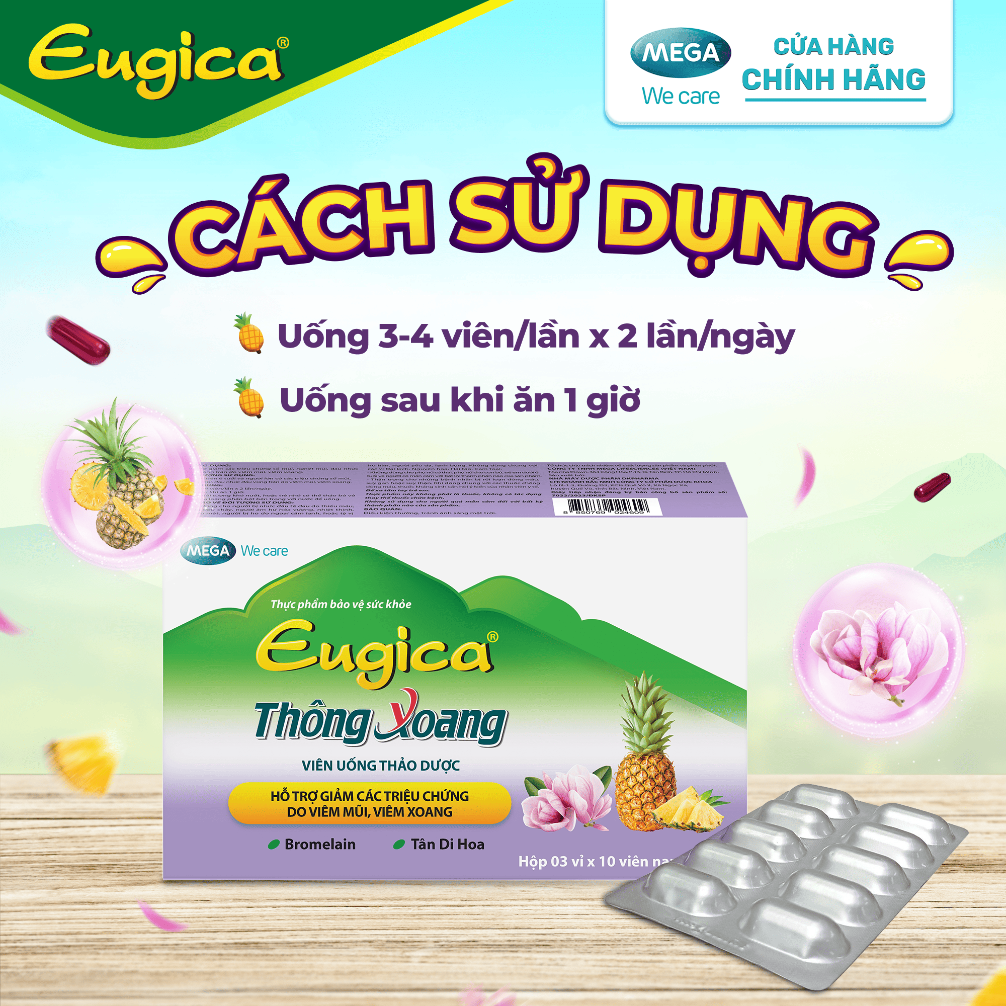 Viên uống thảo dược hỗ trợ giảm các triệu chứng do viêm mũi, viêm xoang EUGICA THÔNG XOANG (Hộp 3 vỉ x 10 viên)