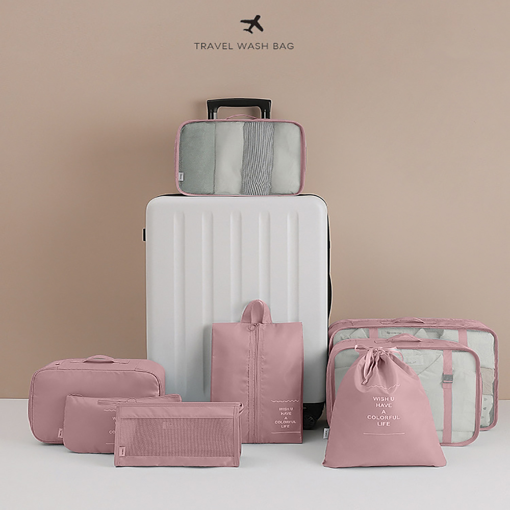 Combo 8 Túi du lịch chất liệu vải lưới và kín chống nước nhiều kích cỡ, dùng xếp gọn gàng vali du lịch màu sắc trẻ trung, phong cách Hàn Quốc - Hồng