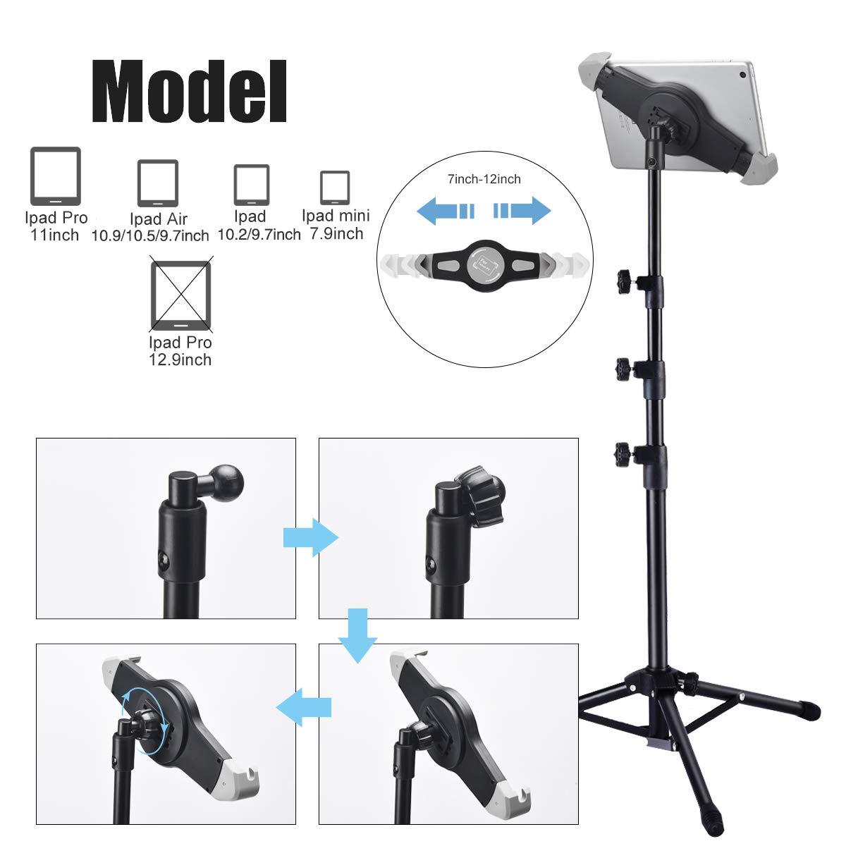 Chân Đế Tripod Cho Máy Tính Bảng iPad Mini Air 7-12" Gắn Sàn Giá Đỡ Có Thể Điều Chỉnh 360°