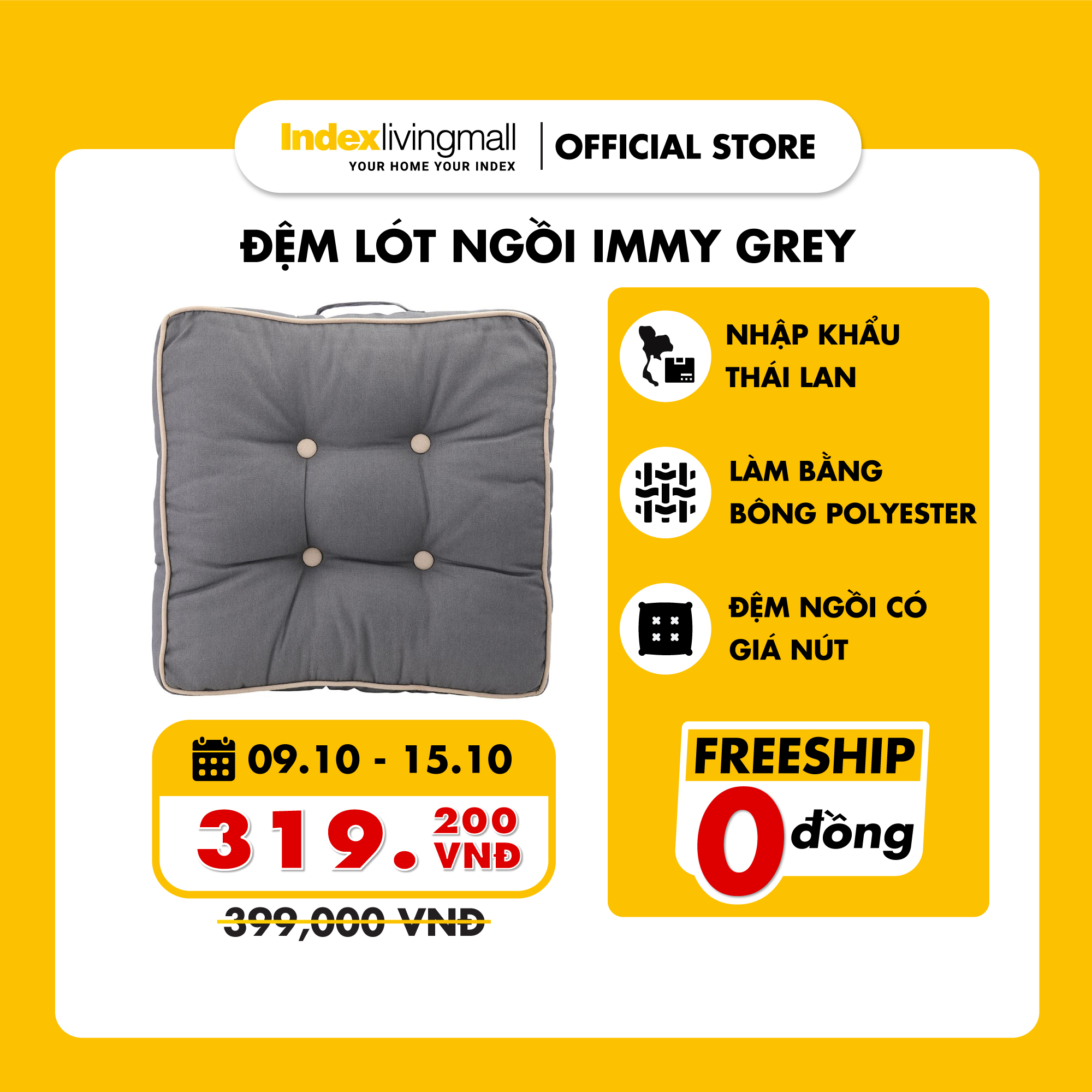 Đệm vuông ngồi bệt, nệm lót ghế ngồi văn phòng IMMY chất liệu sợi tổng hợp, màu xám | Index Living Mall - Phân phối độc quyền tại Việt Nam