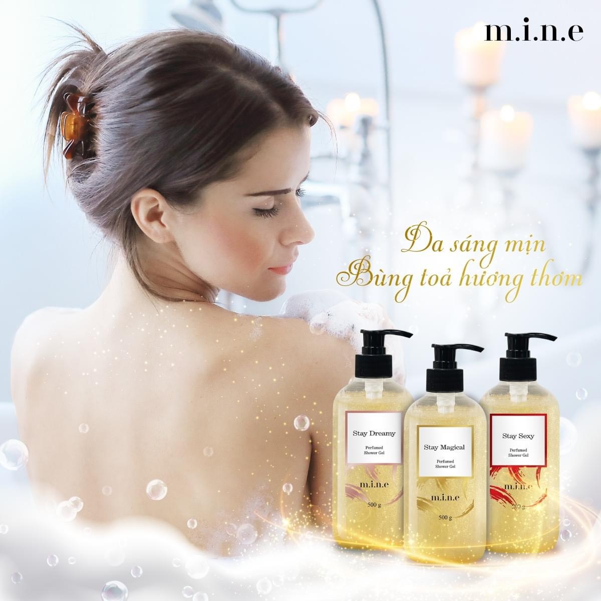 Gel tắm sáng da nhũ vàng hương nước hoa Mine – Stay Magical (Shower gel skin brightening emulsion yellow incense perfume mine)