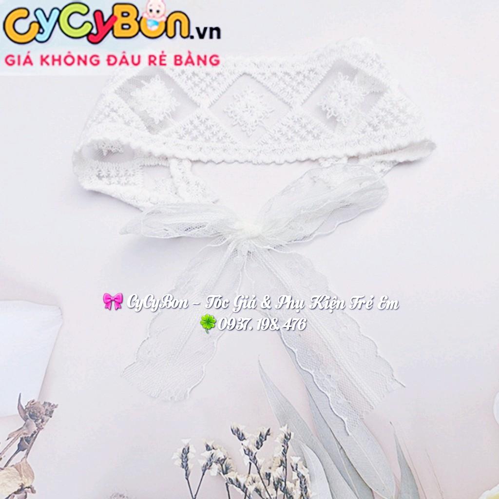 Băng Đô Turban Cài Tóc Cho Bé Gái Thun Ren Co Giãn Họa Tiết Thổ Cẩm Thắt Nơ Ren Phía Sau Màu Trắng