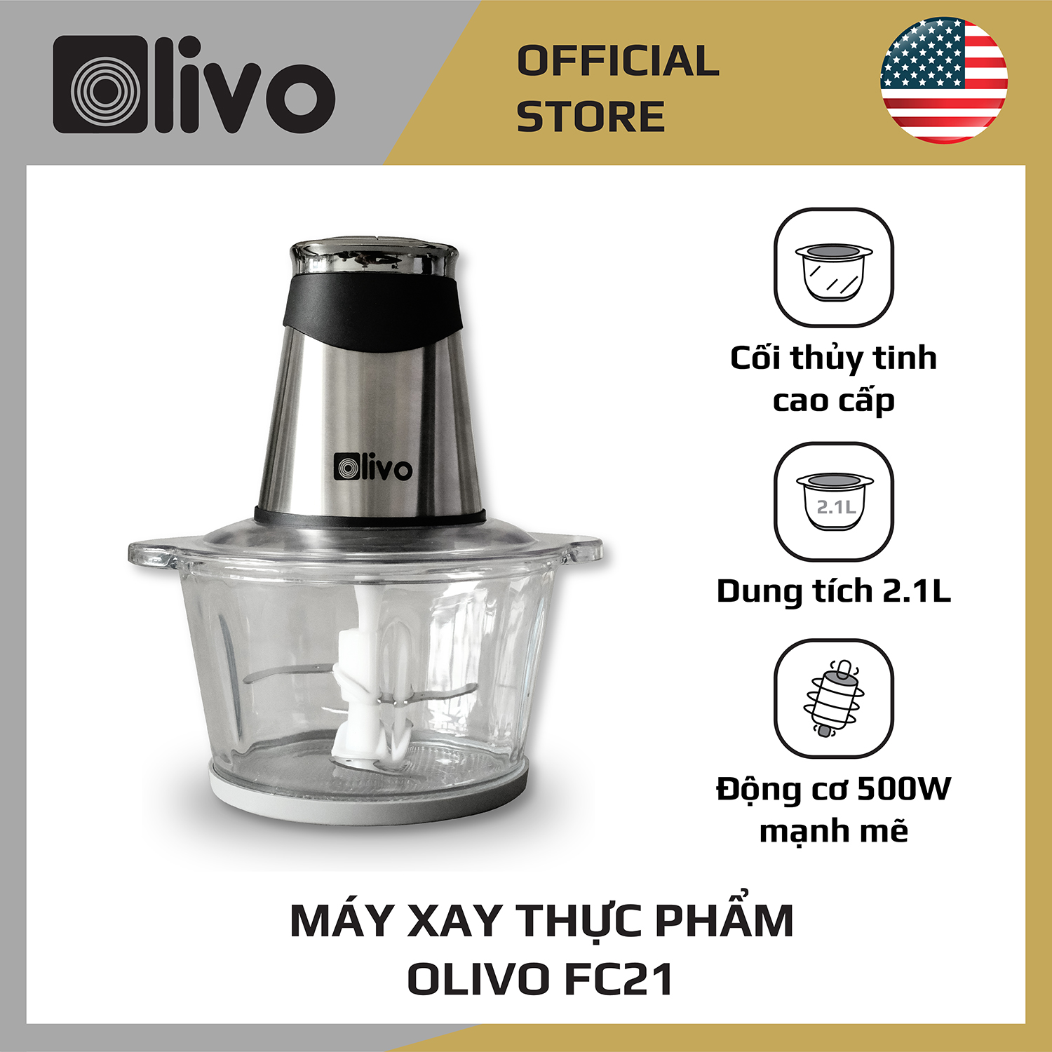 Máy Xay Thịt Đa Năng OLIVO FC21 [Hàng Chính Hãng] Dung Tích 2.1L - Công Suất 500W - Thương Hiệu Mỹ