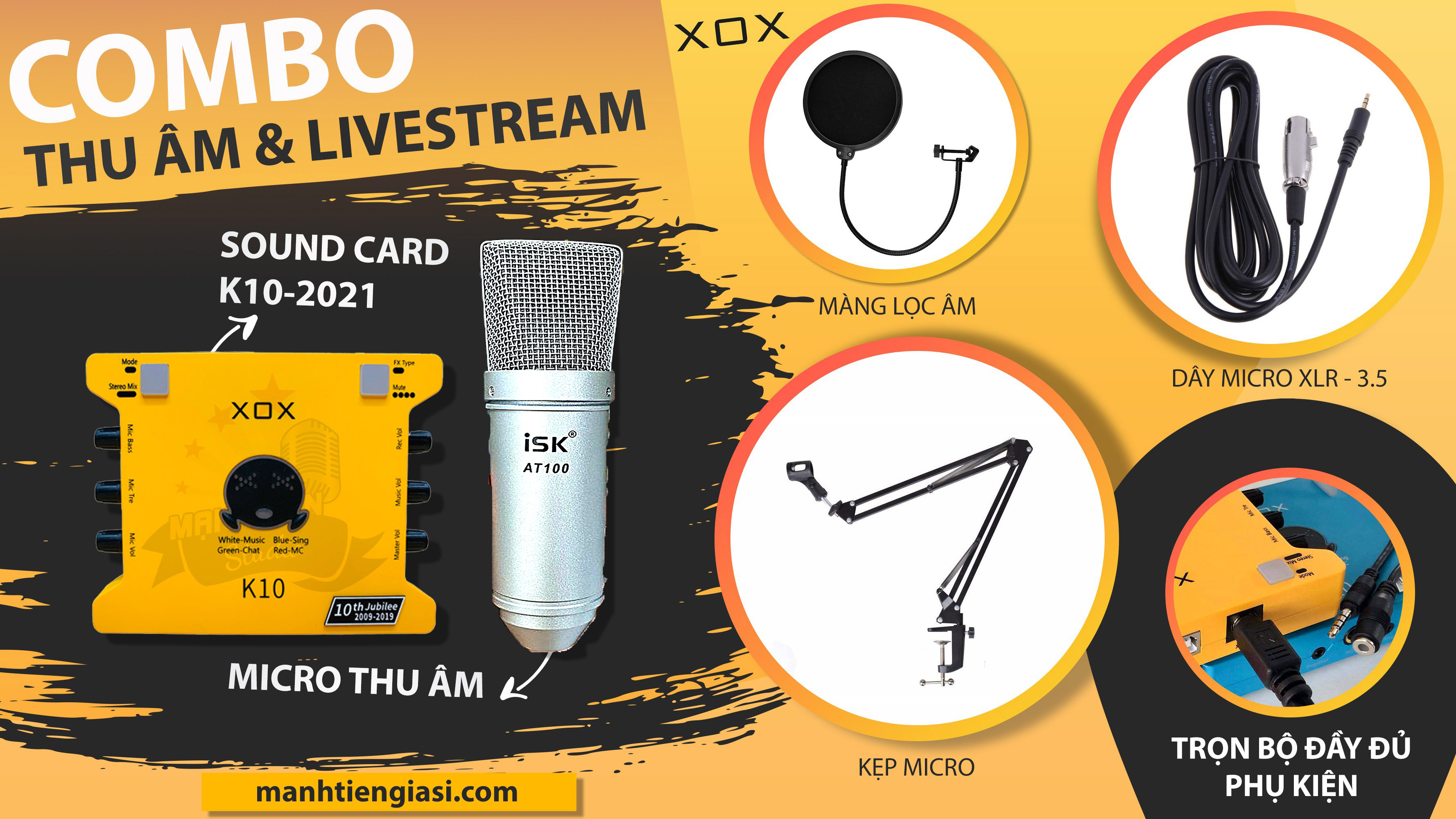 Hình ảnh Bộ Combo livestream ISK AT100 + Sound card XOX K10 jubilee - Kèm full phụ kiện kẹp micro, màng lọc, tai nghe chụp tai - Thu âm, livestream, karaoke online chuyên nghiệp trên cả điện thoại lẫn máy tính - Hàng chính hãng