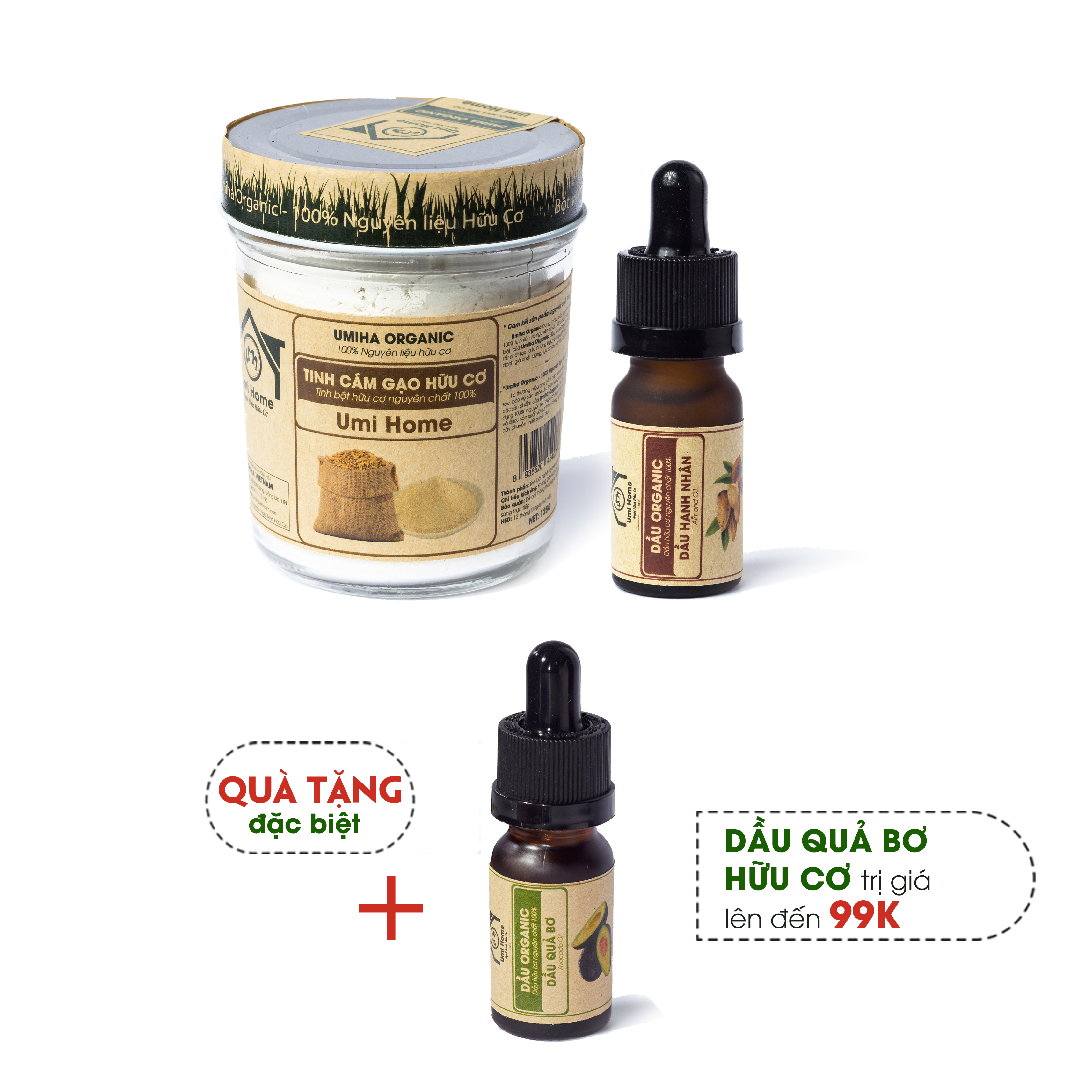 Combo đắp mặt nạ Dầu Hạnh Nhân 10ml và Bột Cám Gạo 125g UMIHOME hữu cơ - Tặng Dầu Quả Bơ 10ml