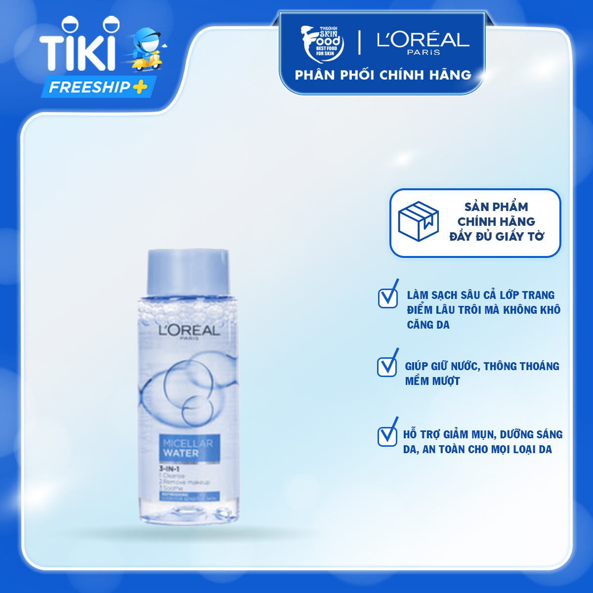 Nước Tẩy Trang Làm Sạch Tươi Mát 3 In 1 Cho Da Dầu L'Oreal Micellar Water Refreshing Even For Sensitive Skin 30ml
