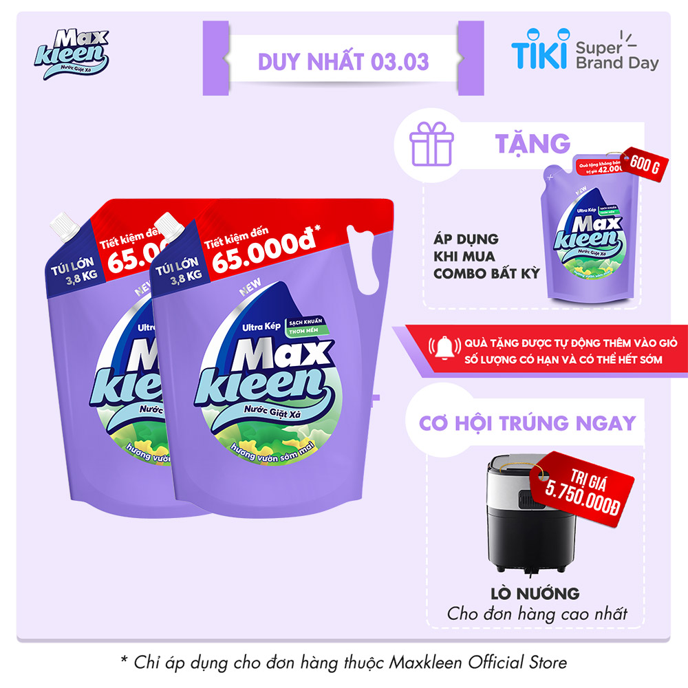 Combo 2 túi nước giặt xả Maxkleen hương Vườn Sớm Mai 3.8kg/túi 