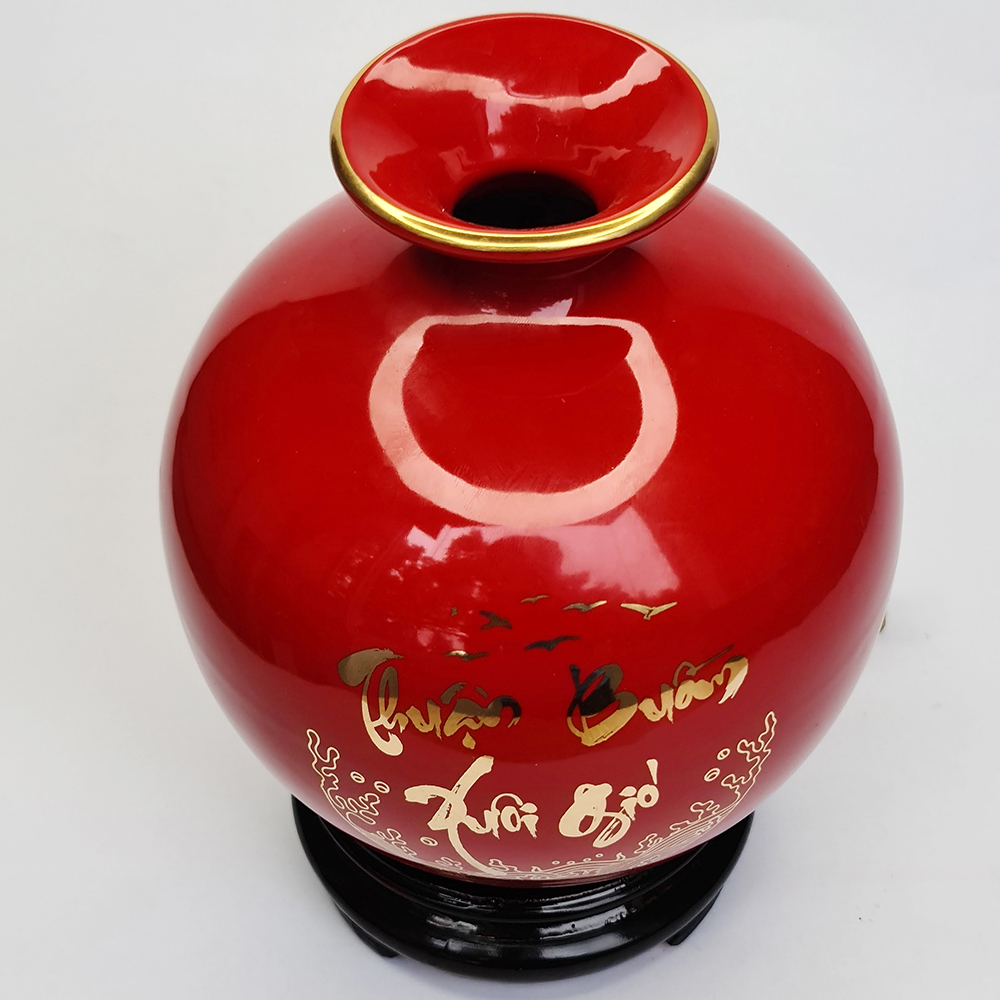 Bình Hút Lộc Gốm Sứ Đỏ Vẽ Vàng - Thuận Buồm Xuôi Gió - S2 - Mx - Đường Kính 23 Cm - Cao 27 Cm