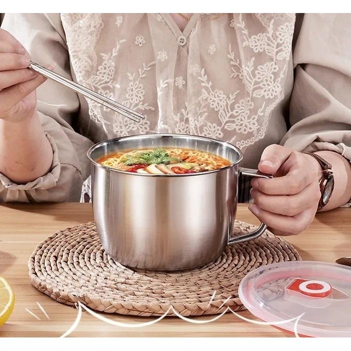 Ly mì dạng tô inox 1200ml , ca nấu mì có nắp đậy cao cấp siêu bền